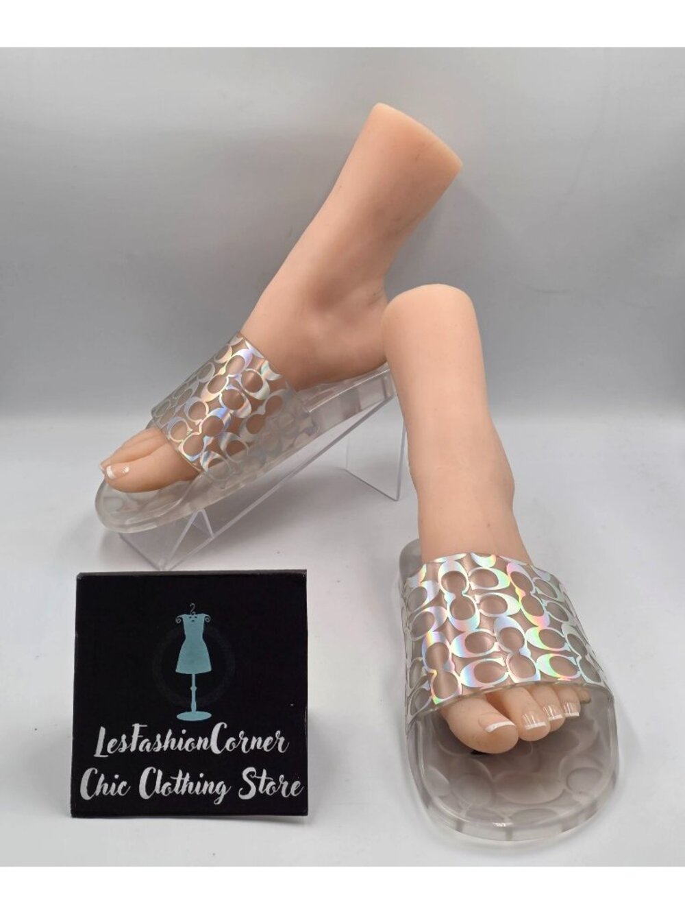 Coach Women's Clear Iridescent Logo Jelly Pool Slides Slip On Sandals Sz 9 3959